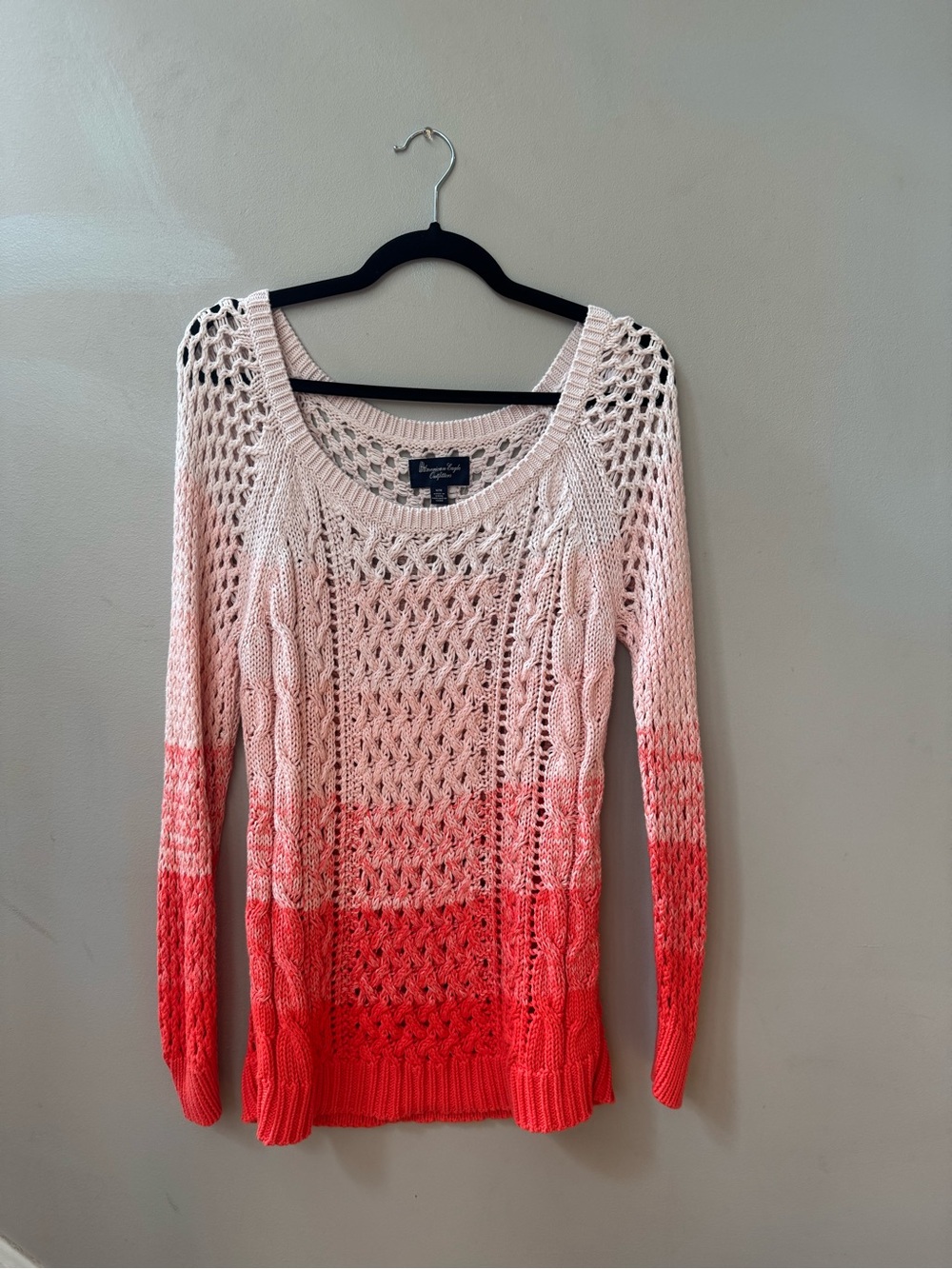 American Eagle Light Pink to Coral Ombre Open-Knit Sweater
